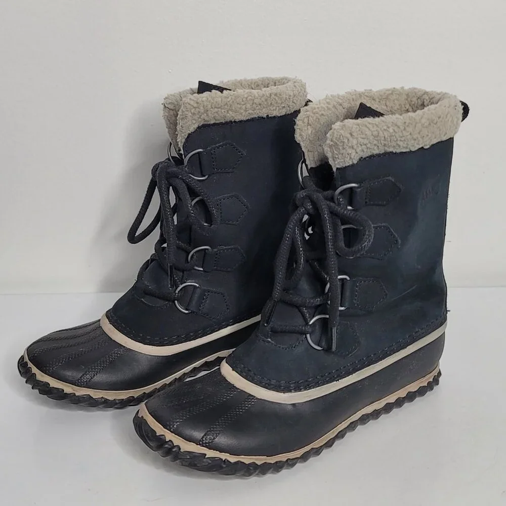 Sorel Caribou‎ Black Leather Boots Lace Up Womens 7 Faux Fur Winter NL2649-010